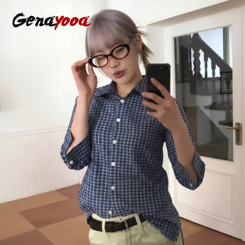 Street Fashion Korea - Genayooa Y2k клетчатая рубашка женская три
