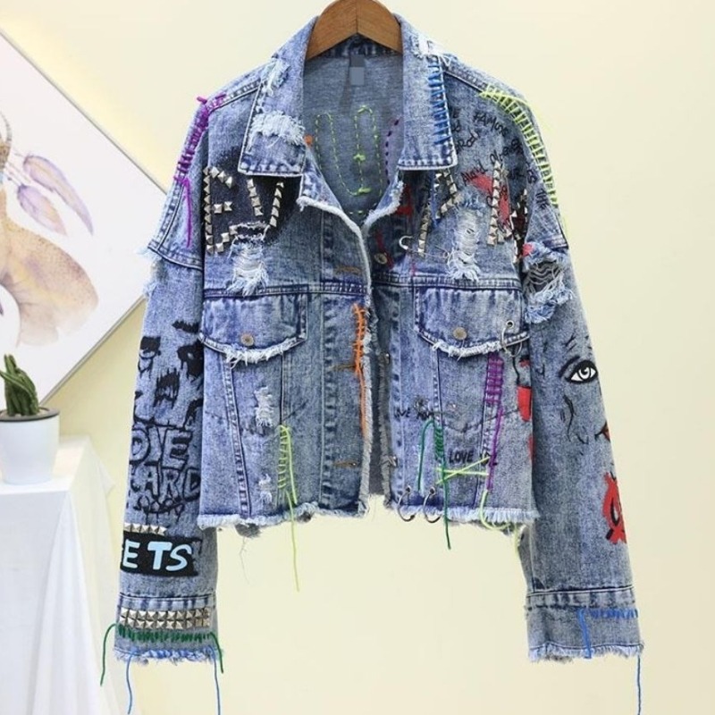 Street Fashion Graffiti - Модная повседневная джинсовая короткая куртка с